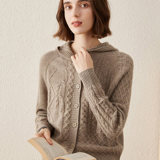 COMOBOCA 100% Cashmere Luxurious Cable Knit Hooded Cardigan