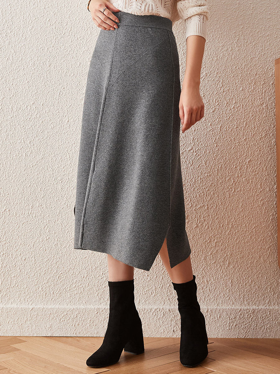 COMOBOCA Gray 100% Cashmere Women's Split Knit Pencil Skirt