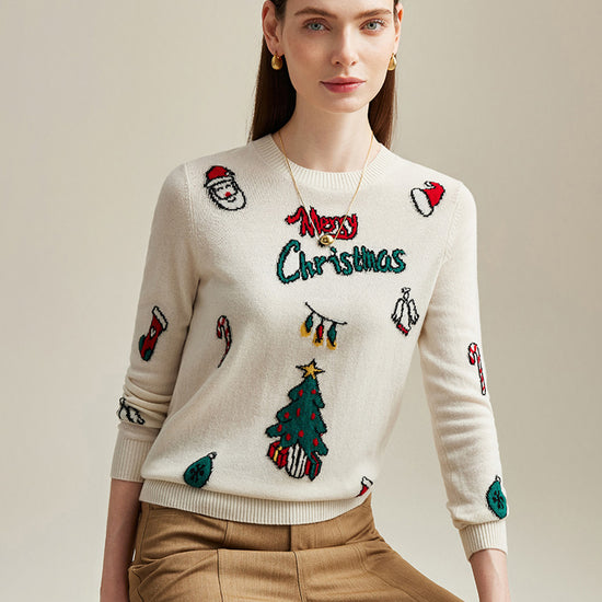 COMOBOCA 100% Cashmere Women's Christmas Embroidered Knit Sweater