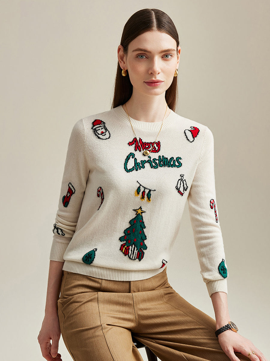 COMOBOCA 100% Cashmere Women's Christmas Embroidered Knit Sweater