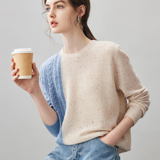 COMOBOCA 100% Cashmere Women's Color Block Cable Knit Sweater