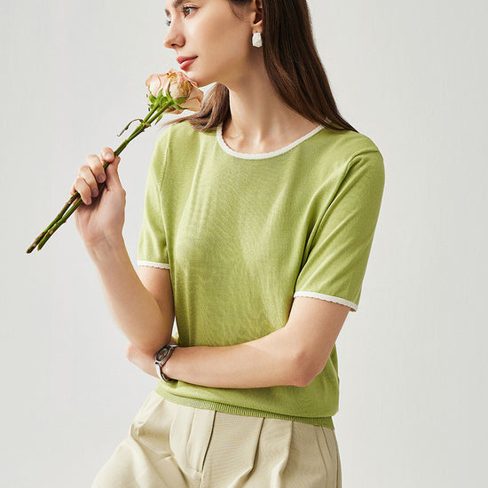 COMOBOCA Bright Green Women's Contrast Trim Knit T-Shirt