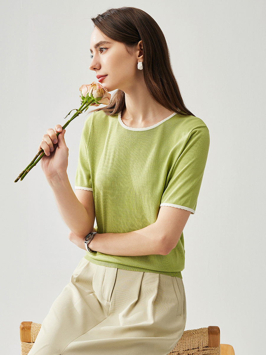 COMOBOCA Bright Green Women's Contrast Trim Knit T-Shirt