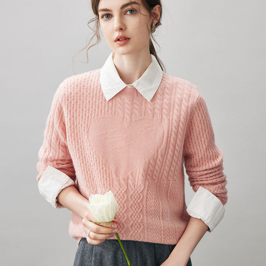 COMOBOCA Pink 100% Cashmere Women's Cable Heart Patterned Knit Sweater