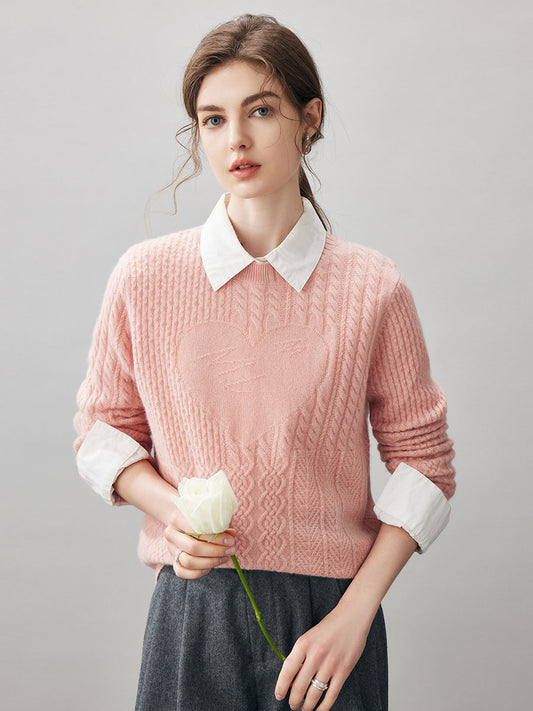 COMOBOCA Pink 100% Cashmere Women's Cable Heart Patterned Knit Sweater