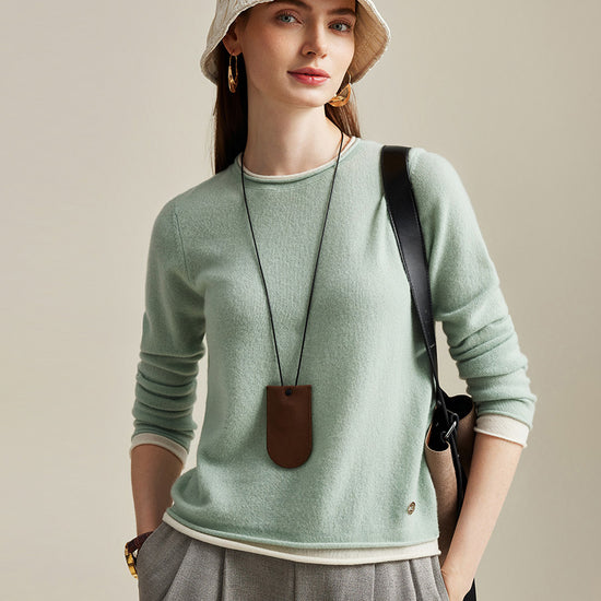 COMOBOCA Light Green 100% Cashmere Women's Sweater with Contrast Trim