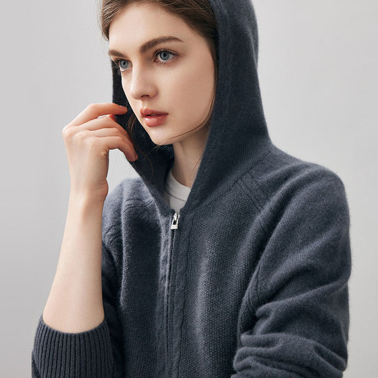 COMOBOCA 100% Cashmere Women's Double Zip Hoodie