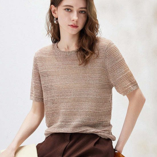 COMOBOCA Women's Openwork Mesh Knit T-Shirt