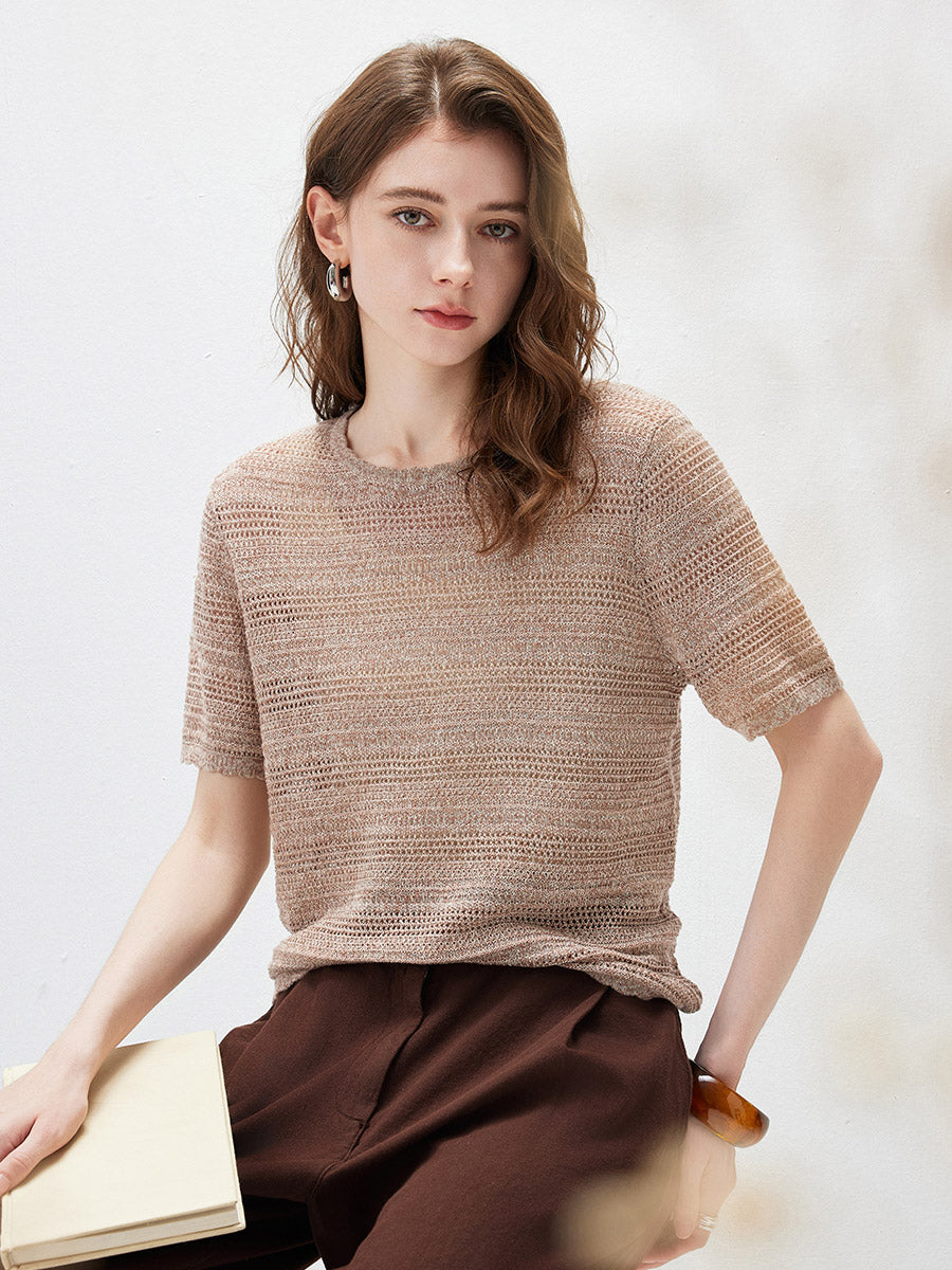 COMOBOCA Women's Openwork Mesh Knit T-Shirt