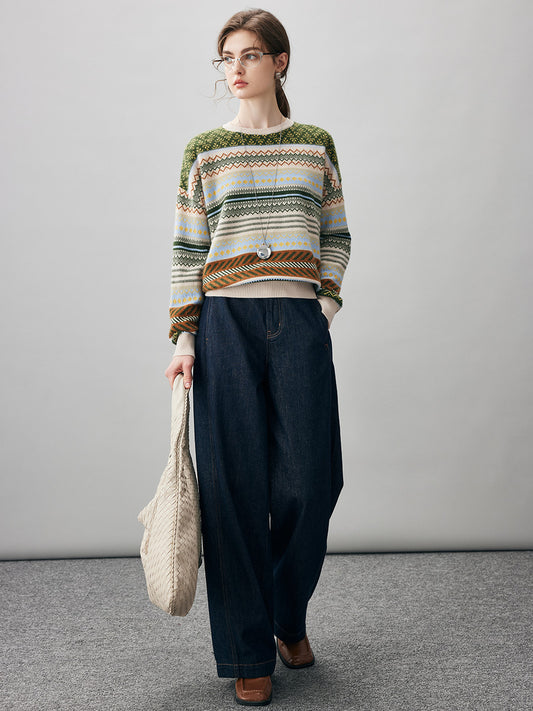 COMOBOCA 100% Cashmere Women's Fair Isle Round Neck Sweater