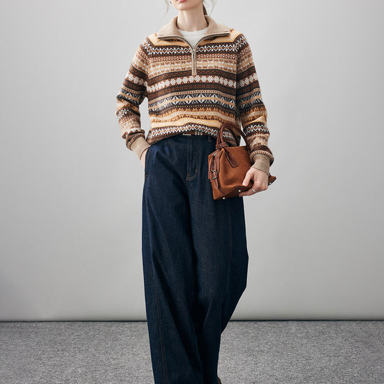 COMOBOCA 100% Cashmere Women's Fair Isle Half Zip Sweater