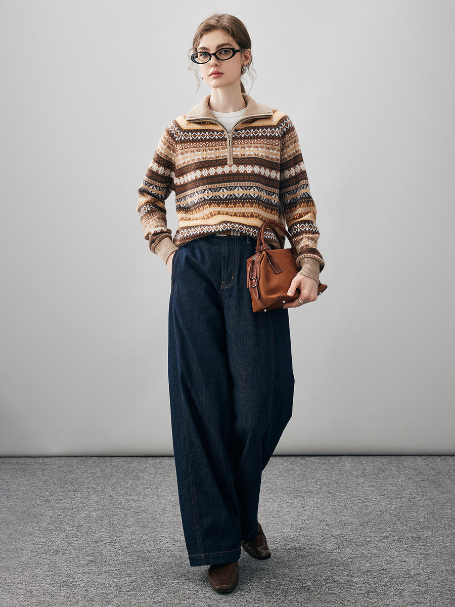 COMOBOCA 100% Cashmere Women's Fair Isle Half Zip Sweater