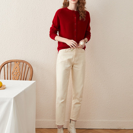 COMOBOCA 100% Wool Women's Round Neck Knit Cardigan