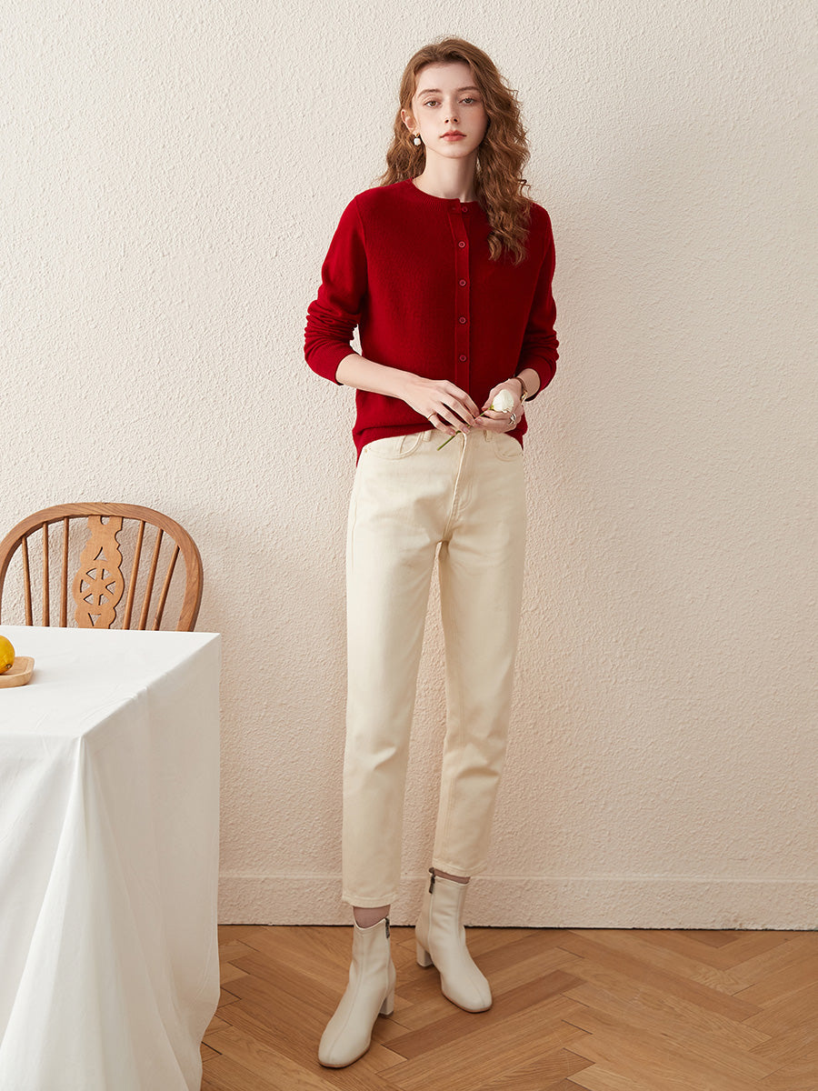 COMOBOCA 100% Wool Women's Round Neck Knit Cardigan