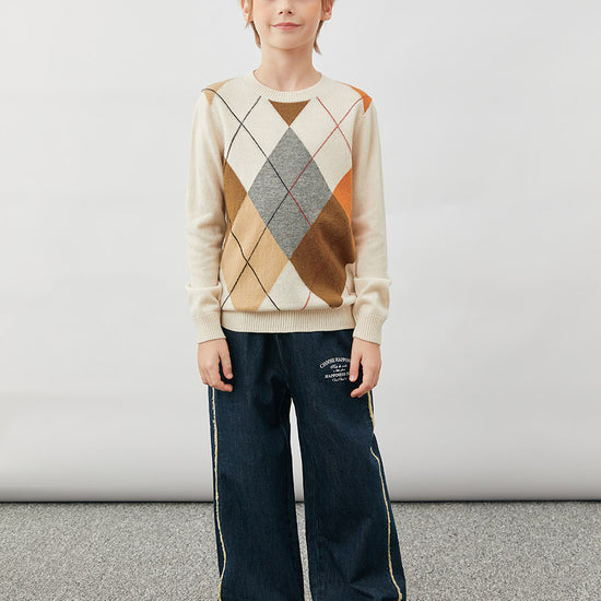 COMOBOCA 100% Wool Kids' Argyle Round Neck Sweater