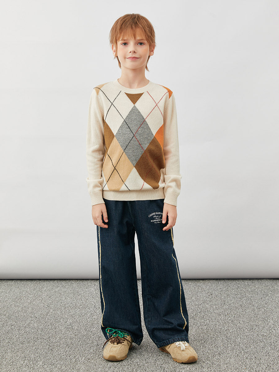 COMOBOCA 100% Wool Kids' Argyle Round Neck Sweater