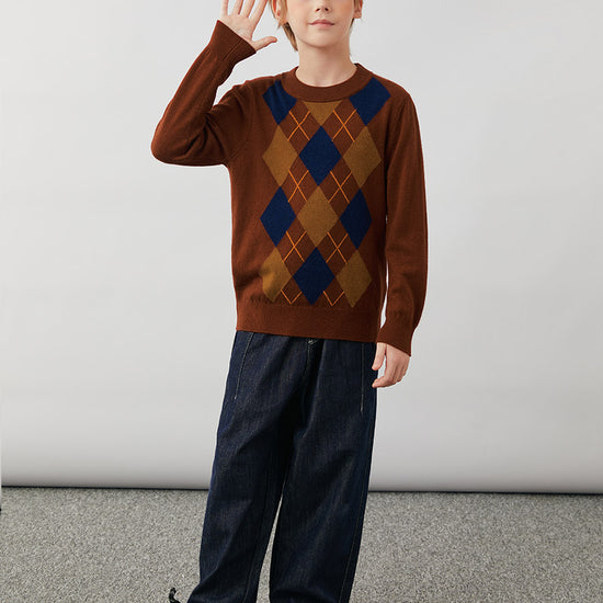 COMOBOCA 100% Wool Kids' Argyle Pattern Round Neck Sweater