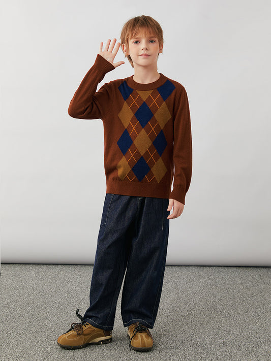 COMOBOCA 100% Wool Kids' Argyle Pattern Round Neck Sweater