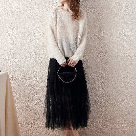 COMOBOCA Women's Mohair Embroidered Floral Sweater