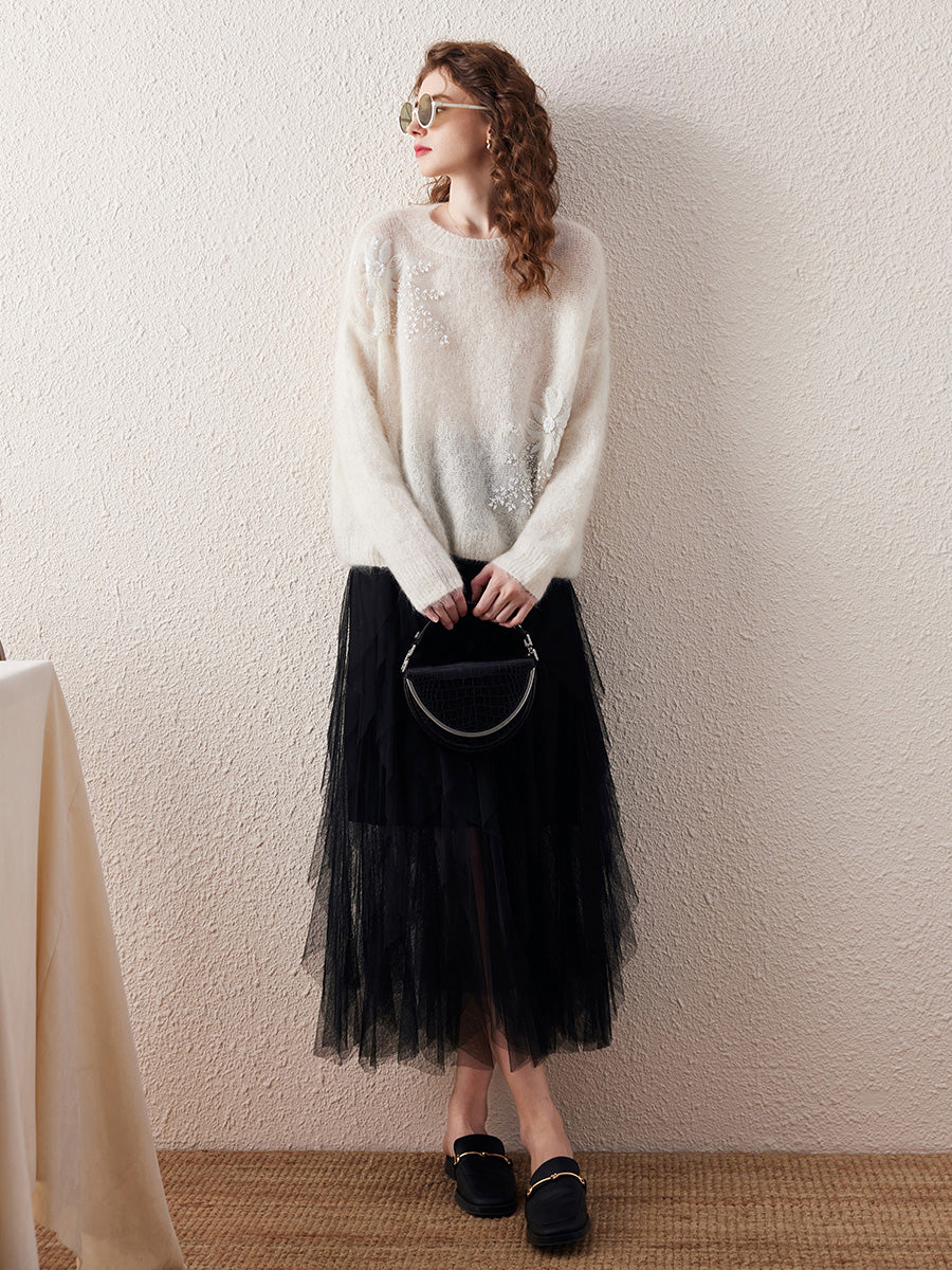 COMOBOCA Women's Mohair Embroidered Floral Sweater