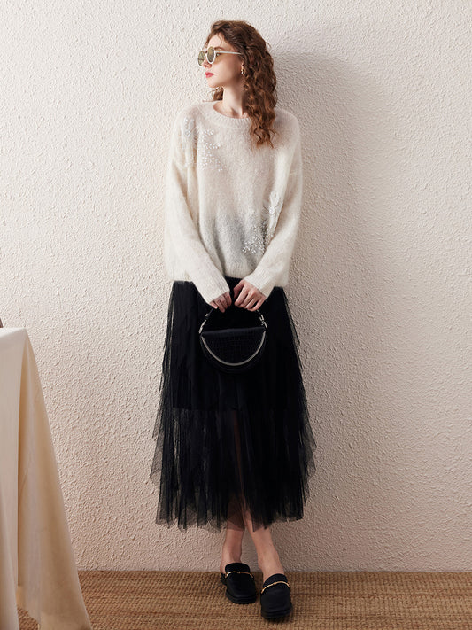 COMOBOCA Women's Mohair Embroidered Floral Sweater