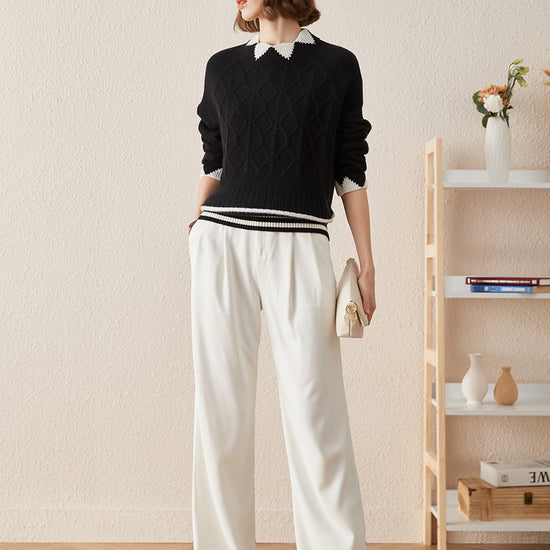 COMOBOCA 100% Cashmere Women's Contrast Jacquard Mock Neck Sweater