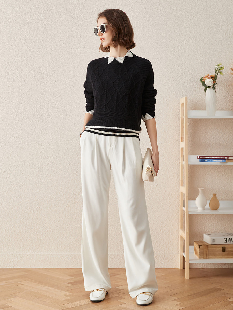 COMOBOCA 100% Cashmere Women's Contrast Jacquard Mock Neck Sweater