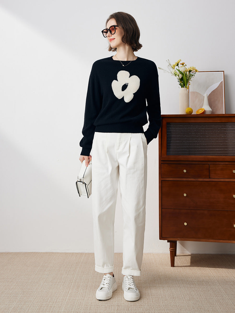 COMOBOCA 100% Cashmere Women's Floral Knit Sweater