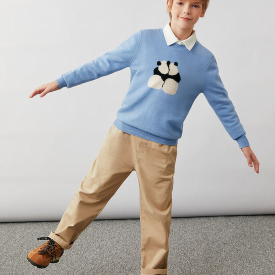 COMOBOCA 100% Wool Kids' Panda Pattern Round Neck Sweater