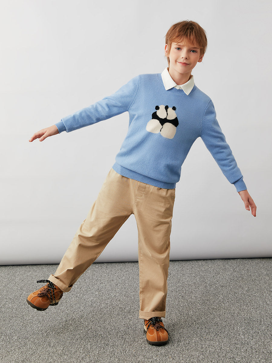 COMOBOCA 100% Wool Kids' Panda Pattern Round Neck Sweater