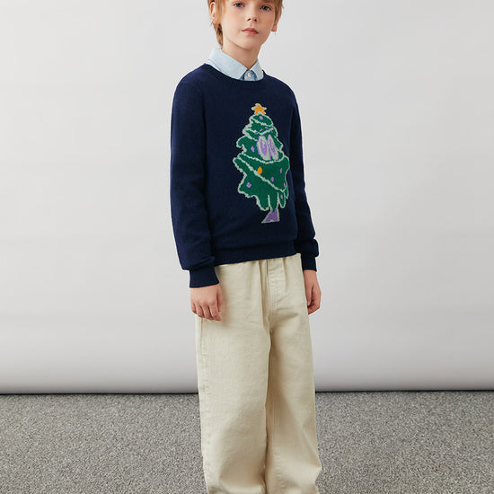 COMOBOCA 100% Wool Kids' Christmas Tree Round Neck Sweater