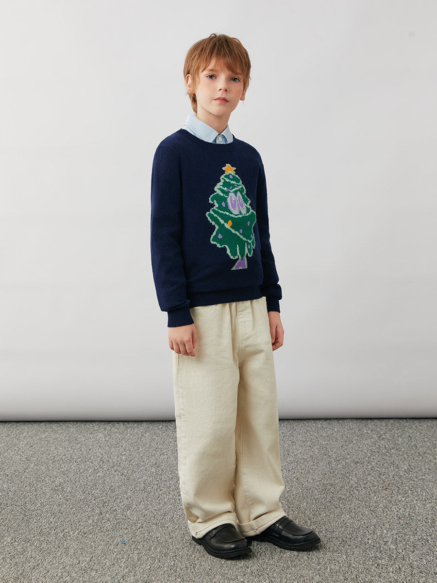 COMOBOCA 100% Wool Kids' Christmas Tree Round Neck Sweater
