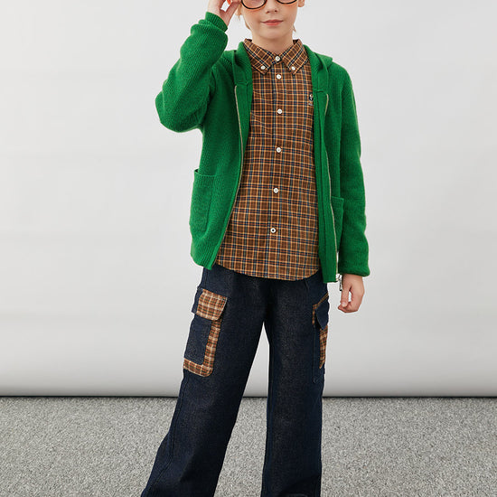 COMOBOCA 100% Wool Kids' Ribbed Zip Up Hooded Cardigan