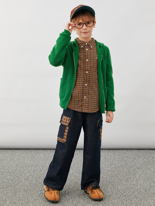 COMOBOCA 100% Wool Kids' Ribbed Zip Up Hooded Cardigan