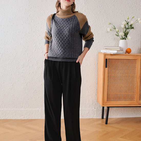 COMOBOCA 100% Cashmere Women's Cable Knit Color Block Sweater