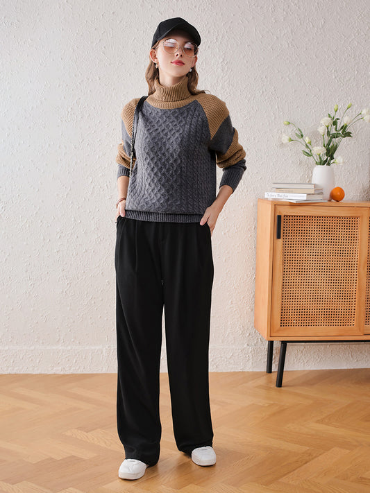 COMOBOCA 100% Cashmere Women's Cable Knit Color Block Sweater