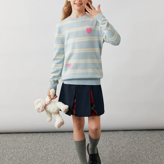 COMOBOCA 100% Wool Kids' Striped Heart Round Neck Sweater