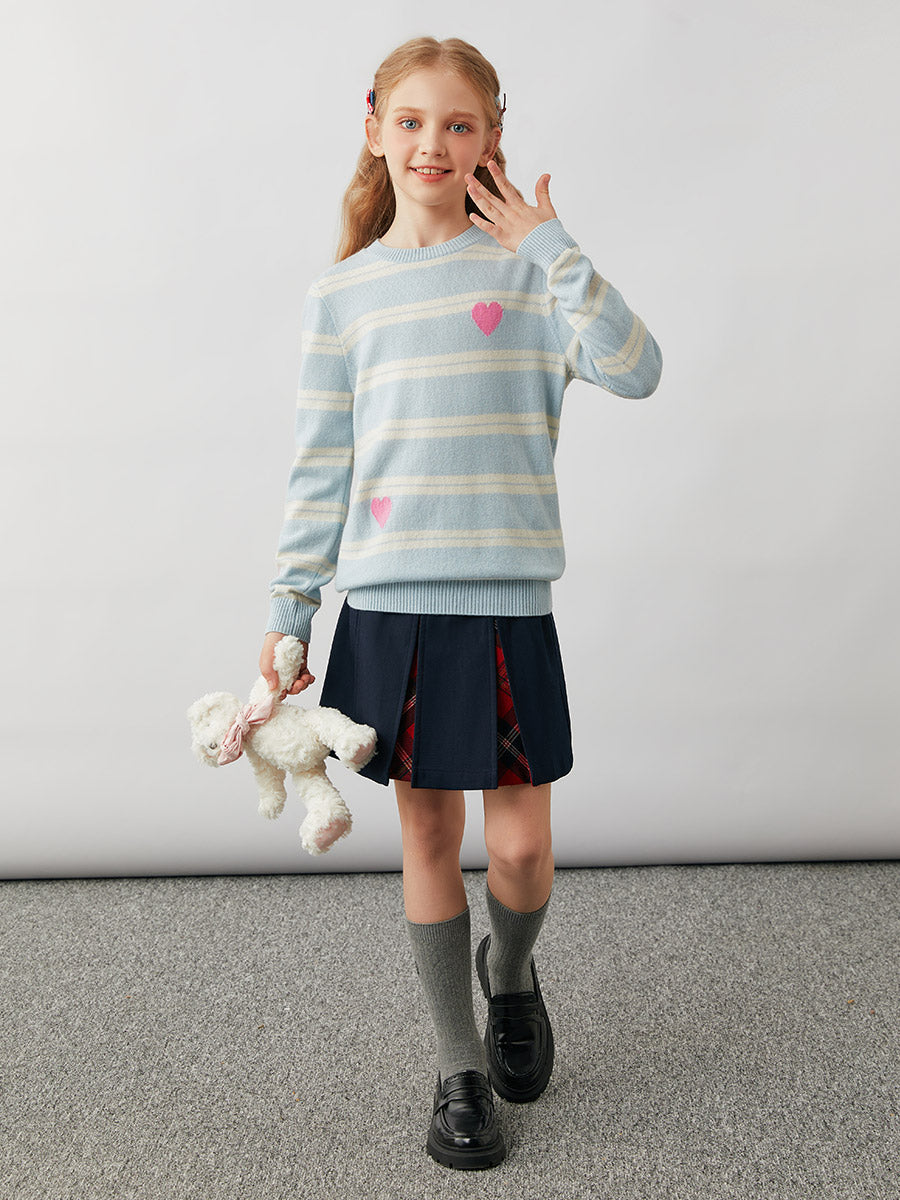 COMOBOCA 100% Wool Kids' Striped Heart Round Neck Sweater