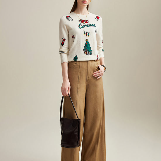 COMOBOCA 100% Cashmere Women's Christmas Embroidered Knit Sweater