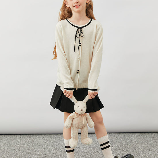 COMOBOCA 100% Wool Kids' Tie-Neck Contrast Trim Sweater