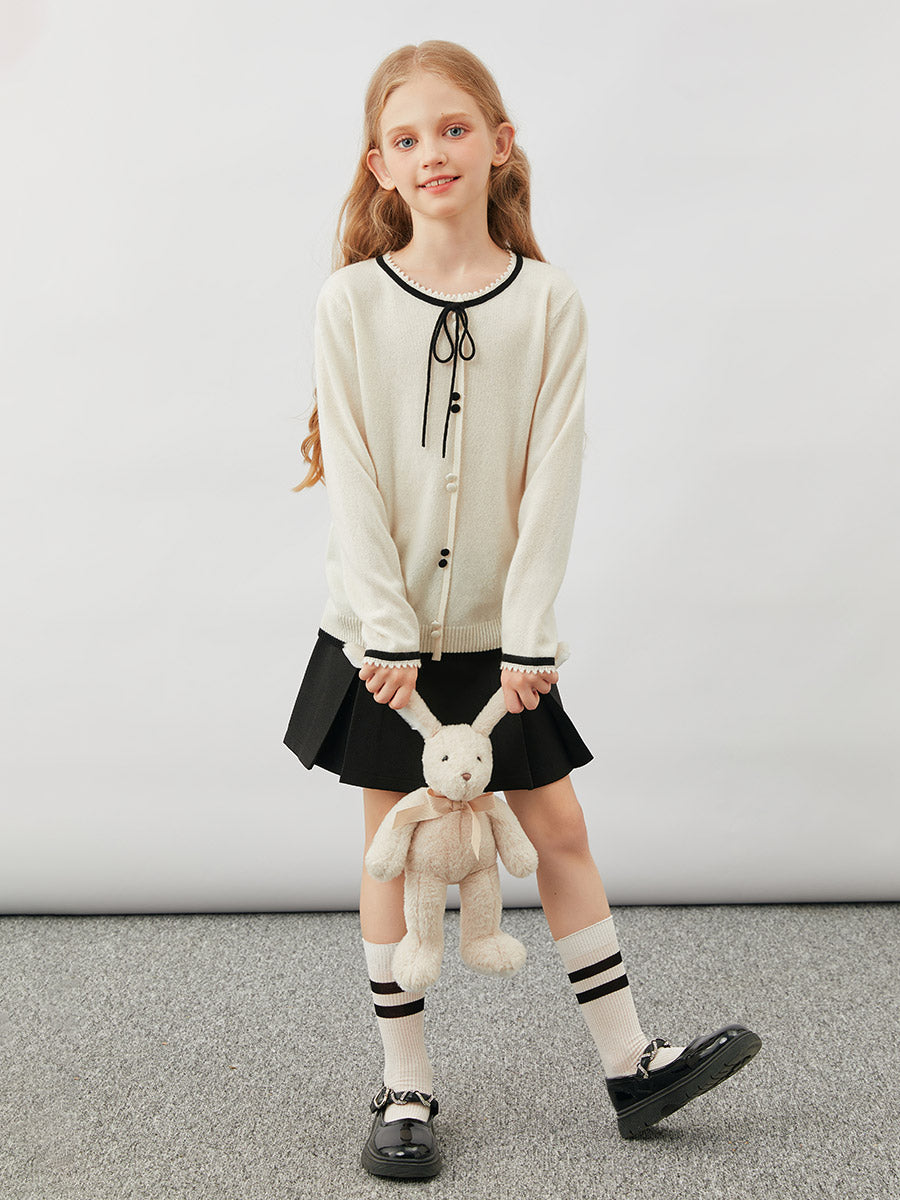 COMOBOCA 100% Wool Kids' Tie-Neck Contrast Trim Sweater