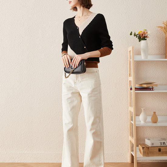 COMOBOCA 100% Cashmere Women's V-Neck Color Block Faux Sweater