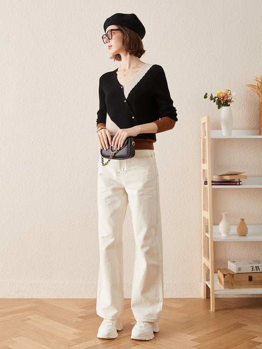 COMOBOCA 100% Cashmere Women's V-Neck Color Block Faux Sweater