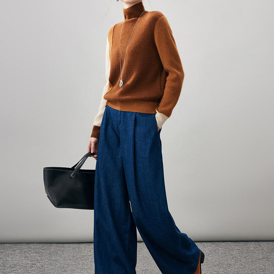 COMOBOCA 100% Cashmere Women's Color Block Turtleneck Sweater