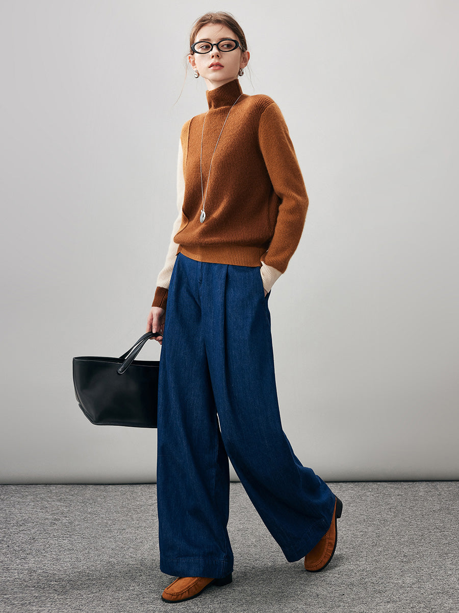 COMOBOCA 100% Cashmere Women's Color Block Turtleneck Sweater