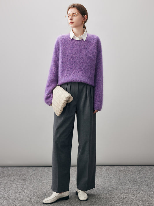 COMOBOCA 100% Wool Women's Fuzzy Round Neck Sweater