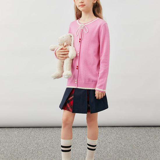 COMOBOCA 100% Wool Kids' Tie-Neck Contrast Trim Sweater