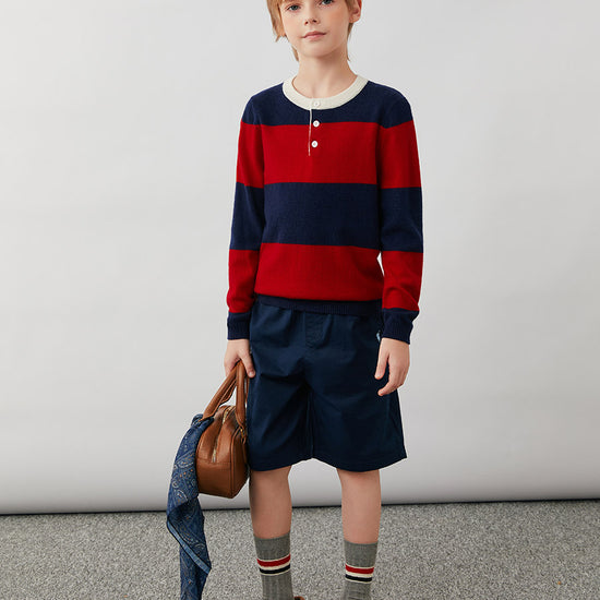 COMOBOCA 100% Wool Kids' Striped Henley Sweater