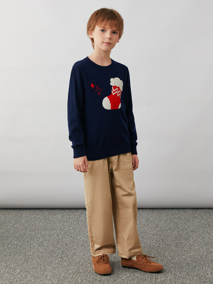 COMOBOCA 100% Wool Kids' Christmas Stocking Round Neck Sweater