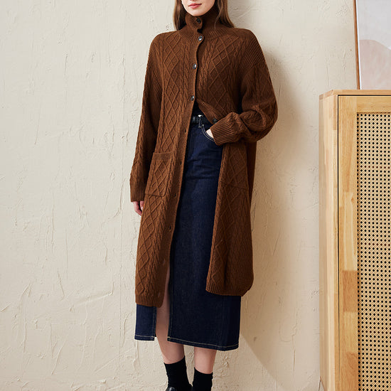 COMOBOCA 100% Wool Women's Cable Knit Long Front Button Coat